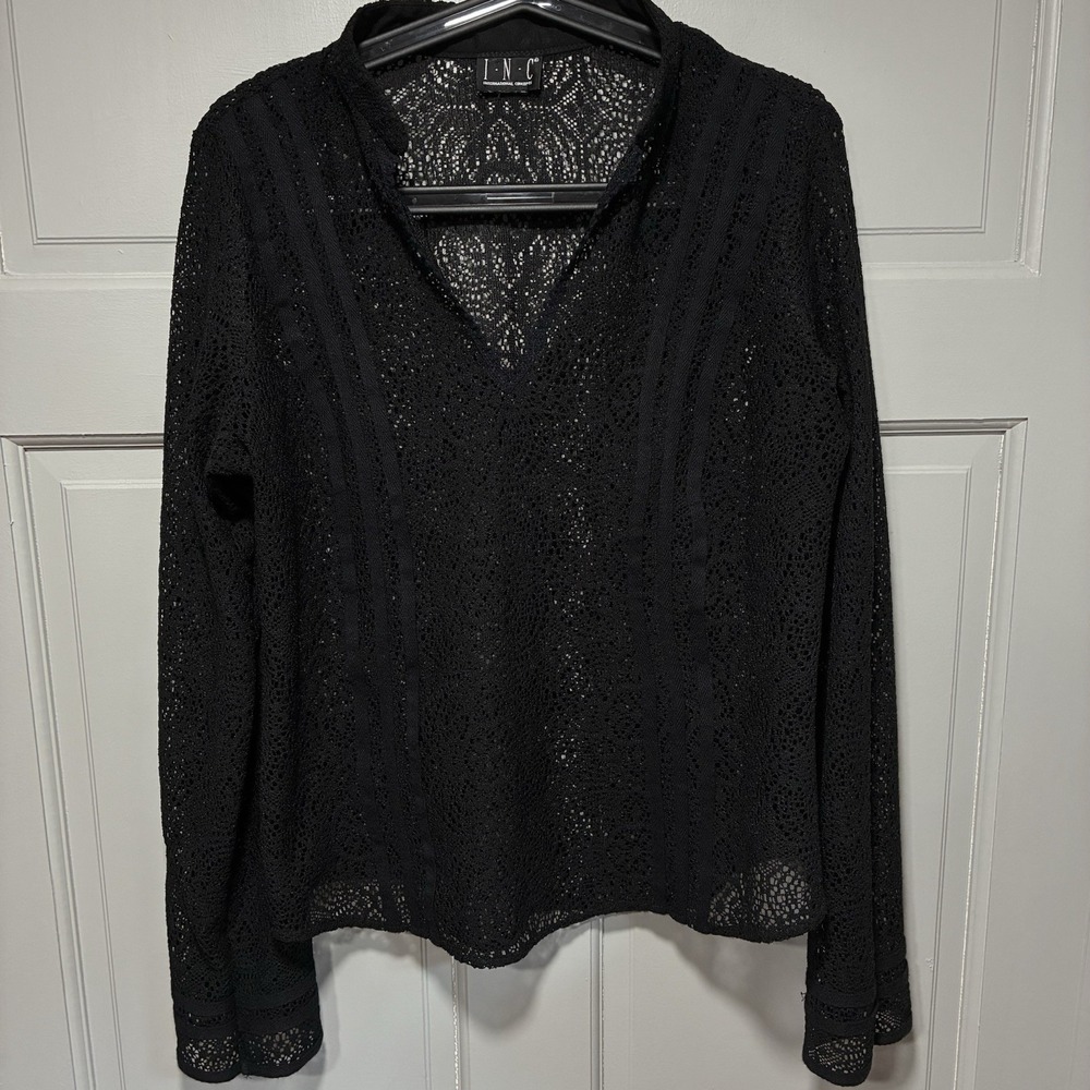 INC International Women Top Size M Black Mesh Lace Long Sleeve V-neck Gothic Emo